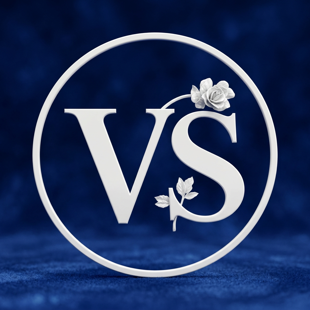 AI Design for A royal blue background instead of black.
The "VS" letters in white instead of gold.
The gold circular border in white colour.
The gold rose decorations keep in white colour.
A clean, high-quality, luxury finish. and also remove the home applicance