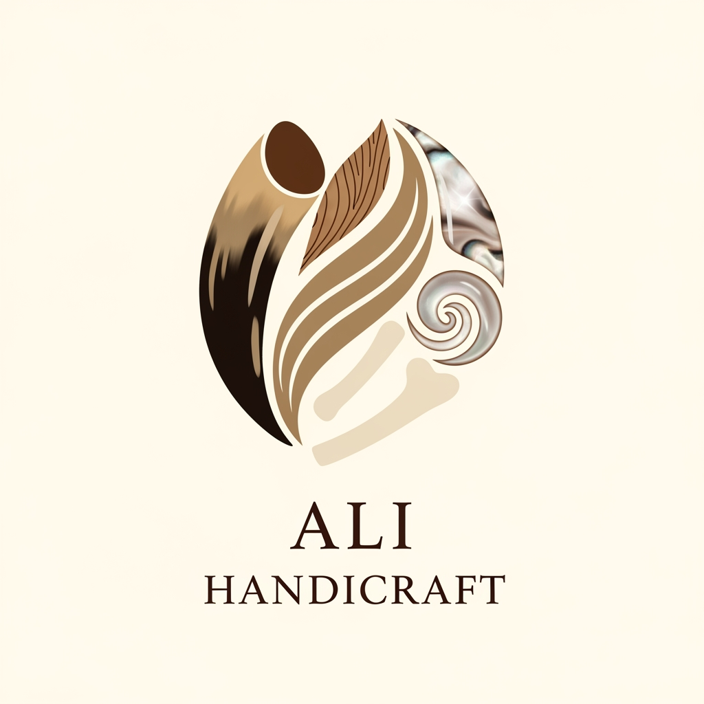 AI Design for create a logo for named: "Ali Handicraft", my company makes products made of horn, wood, resin, bone, mother of pearl