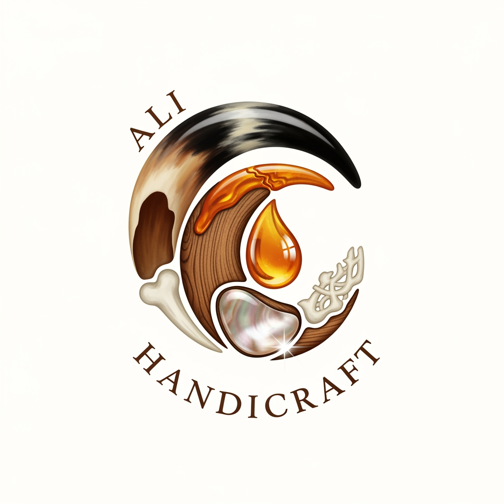 AI Design for create a logo for named: "Ali Handicraft", my company makes products made of horn, wood, resin, bone, mother of pearl