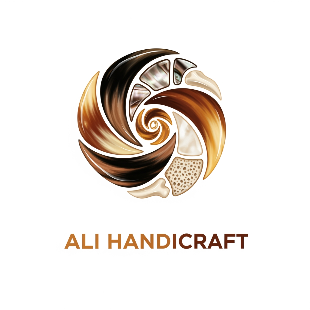 AI Design for create a logo for named: "Ali Handicraft", my company makes products made of horn, wood, resin, bone, mother of pearl