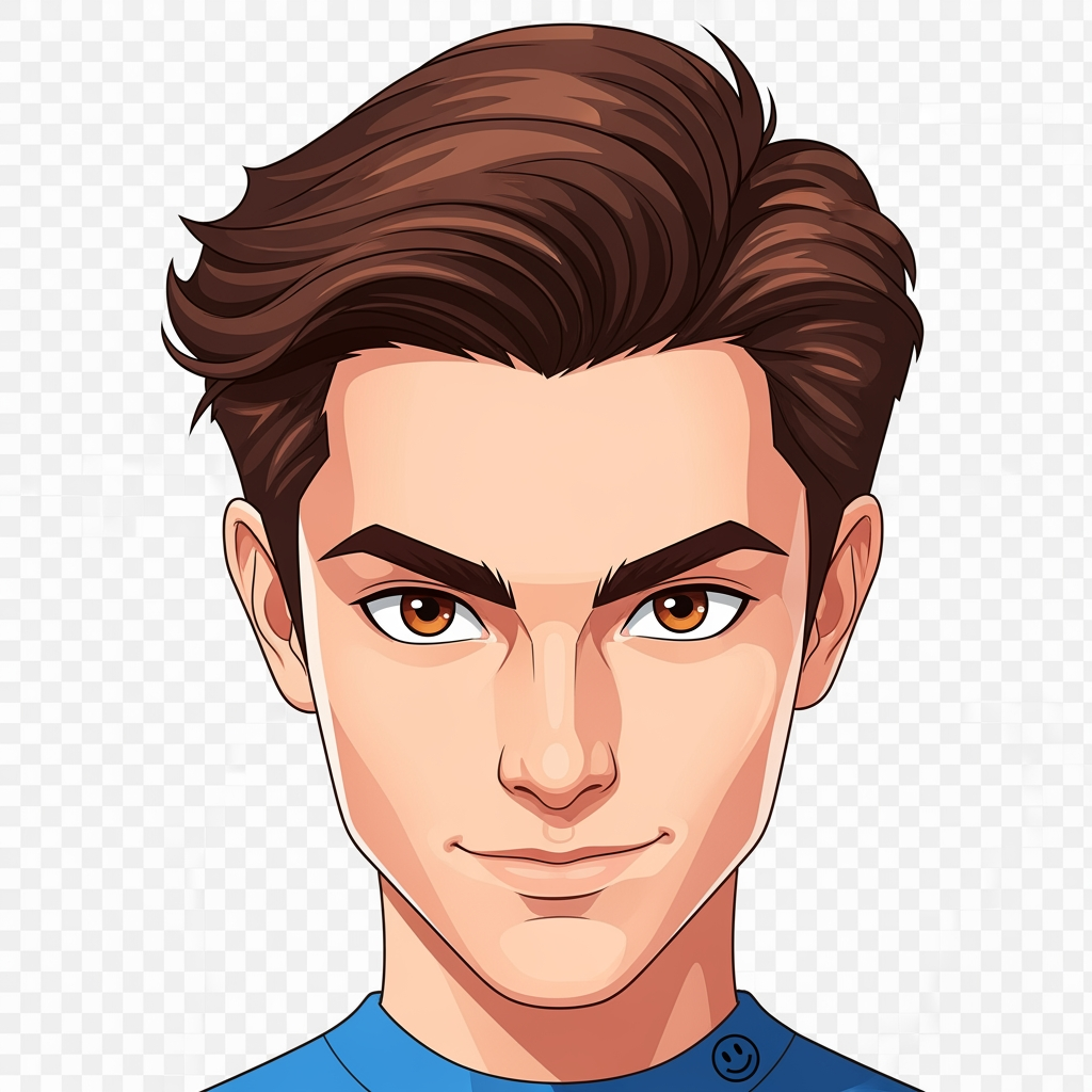 AI Design for Create a vector-style head portrait of an original character.

Only show the character's head, no body. The character has medium brown hair with a slightly messy but cool hairstyle, a young face, and expressive eyes. He wears a blue shirt with a black smiley face symbol (only visible if a tiny part of the clothing appears, but focus mainly on the head).

The character should look like a normal human, not a robot or a machine. Give him a unique, slightly mysterious but friendly expression. Keep the face clean and simple with smooth shapes.

Use a modern vector art style with sharp clean lines, smooth shading, and a polished cartoon look. Make it suitable as a profile picture or game character portrait. Use a transparent background and do not add any objects or scenery.