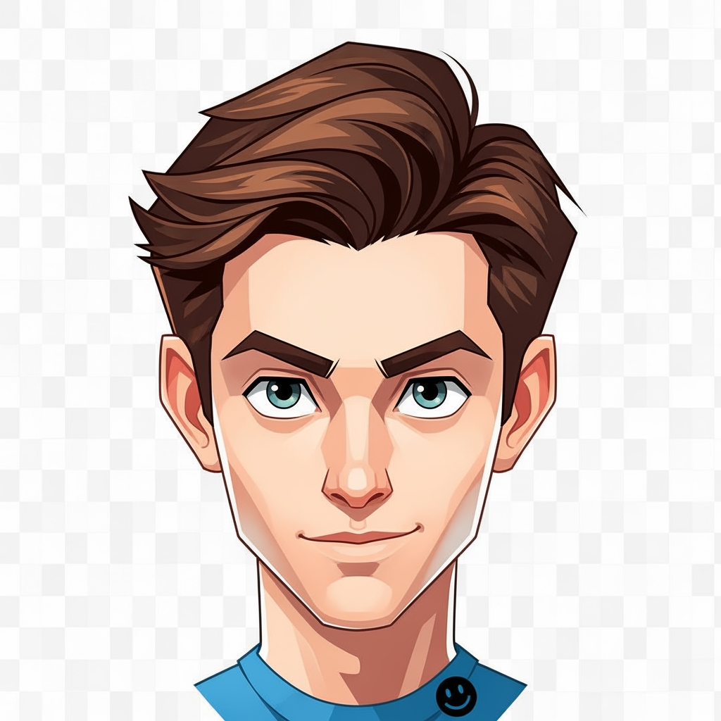 AI Design for Create a vector-style head portrait of an original character.

Only show the character's head, no body. The character has medium brown hair with a slightly messy but cool hairstyle, a young face, and expressive eyes. He wears a blue shirt with a black smiley face symbol (only visible if a tiny part of the clothing appears, but focus mainly on the head).

The character should look like a normal human, not a robot or a machine. Give him a unique, slightly mysterious but friendly expression. Keep the face clean and simple with smooth shapes.

Use a modern vector art style with sharp clean lines, smooth shading, and a polished cartoon look. Make it suitable as a profile picture or game character portrait. Use a transparent background and do not add any objects or scenery.