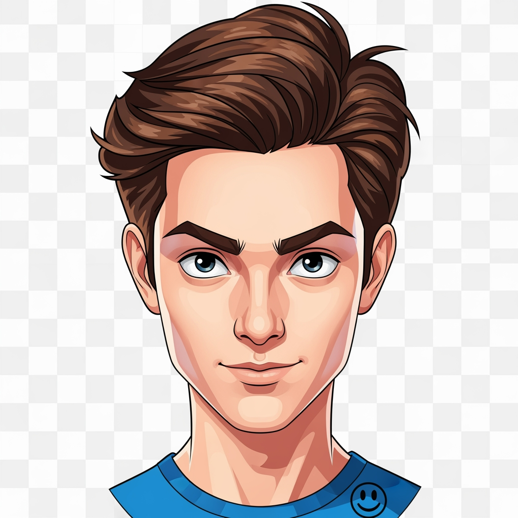 AI Design for Create a vector-style head portrait of an original character.

Only show the character's head, no body. The character has medium brown hair with a slightly messy but cool hairstyle, a young face, and expressive eyes. He wears a blue shirt with a black smiley face symbol (only visible if a tiny part of the clothing appears, but focus mainly on the head).

The character should look like a normal human, not a robot or a machine. Give him a unique, slightly mysterious but friendly expression. Keep the face clean and simple with smooth shapes.

Use a modern vector art style with sharp clean lines, smooth shading, and a polished cartoon look. Make it suitable as a profile picture or game character portrait. Use a transparent background and do not add any objects or scenery.