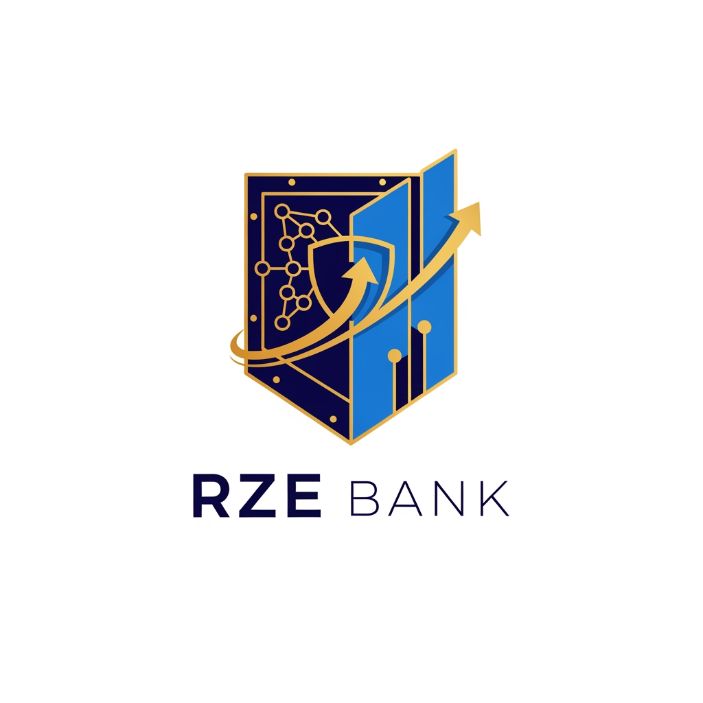 AI Design for Design an enterprise banking logo for RZE Bank.

Create a unique abstract emblem inspired by:

- Bank vault
- Secure shield
- Modern architecture
- Digital finance
- Blockchain network
- Financial growth

The logo should communicate:

Security
Trust
Professionalism
Technology
Innovation

Style:
Modern
Minimal
Vector
Corporate
Professional

Use:
Navy Blue
Royal Blue
Gold

Include the text:

RZE Bank

with premium typography.

The design should be memorable, scalable, and suitable for banking applications, websites, debit cards, ATM interfaces, and official documents.