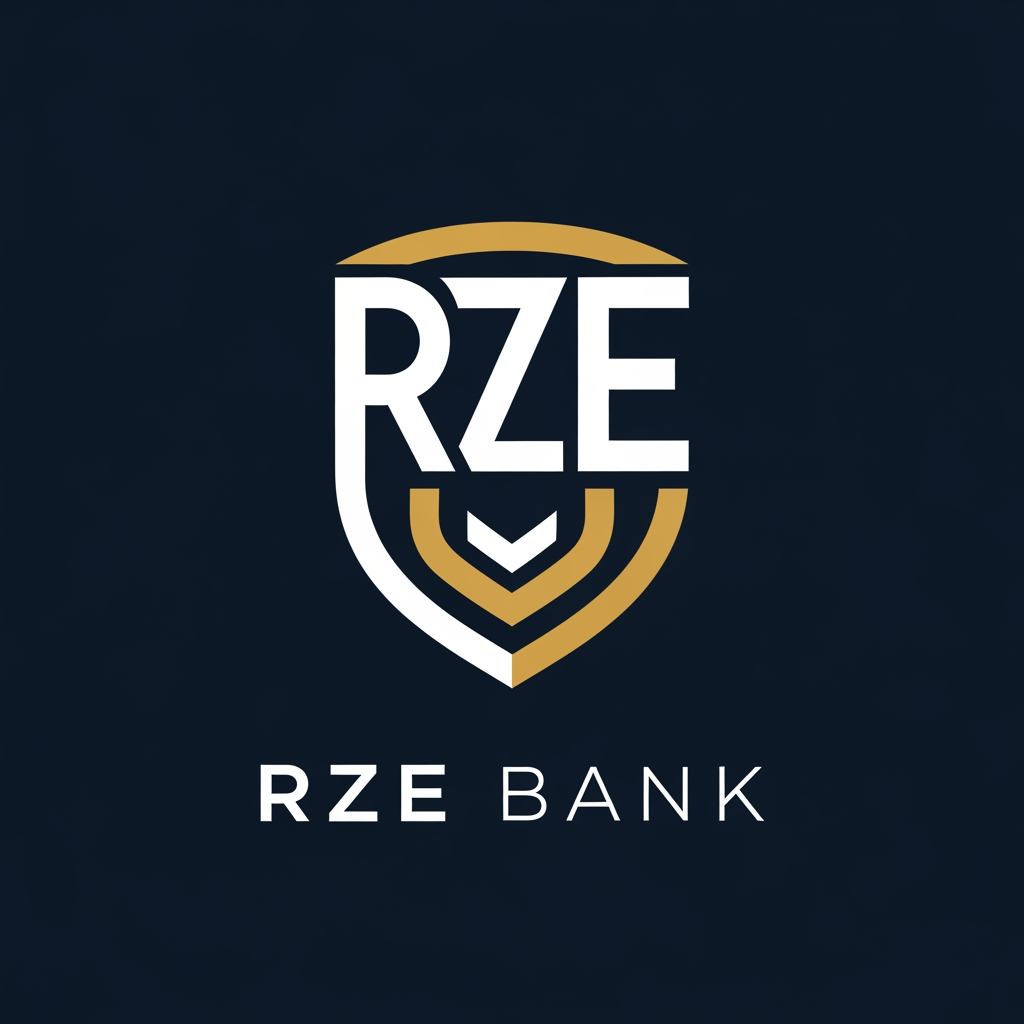 AI Design for Create a luxury fintech logo for "RZE Bank".

Design a premium monogram using the letters RZE.

The icon should resemble:
- Digital Shield
- Financial Growth
- Secure Vault
- Modern Banking
- Trust
- Innovation

Use a geometric minimalist style with balanced proportions.

Colors:
Navy Blue
Gold
White

Typography:
Elegant modern sans-serif.

The logo should feel similar in quality to brands like Stripe, Revolut, Wise, Nubank, or Monzo while remaining completely original.

Avoid gradients, coins, currencies, dollar symbols, or generic banking icons.