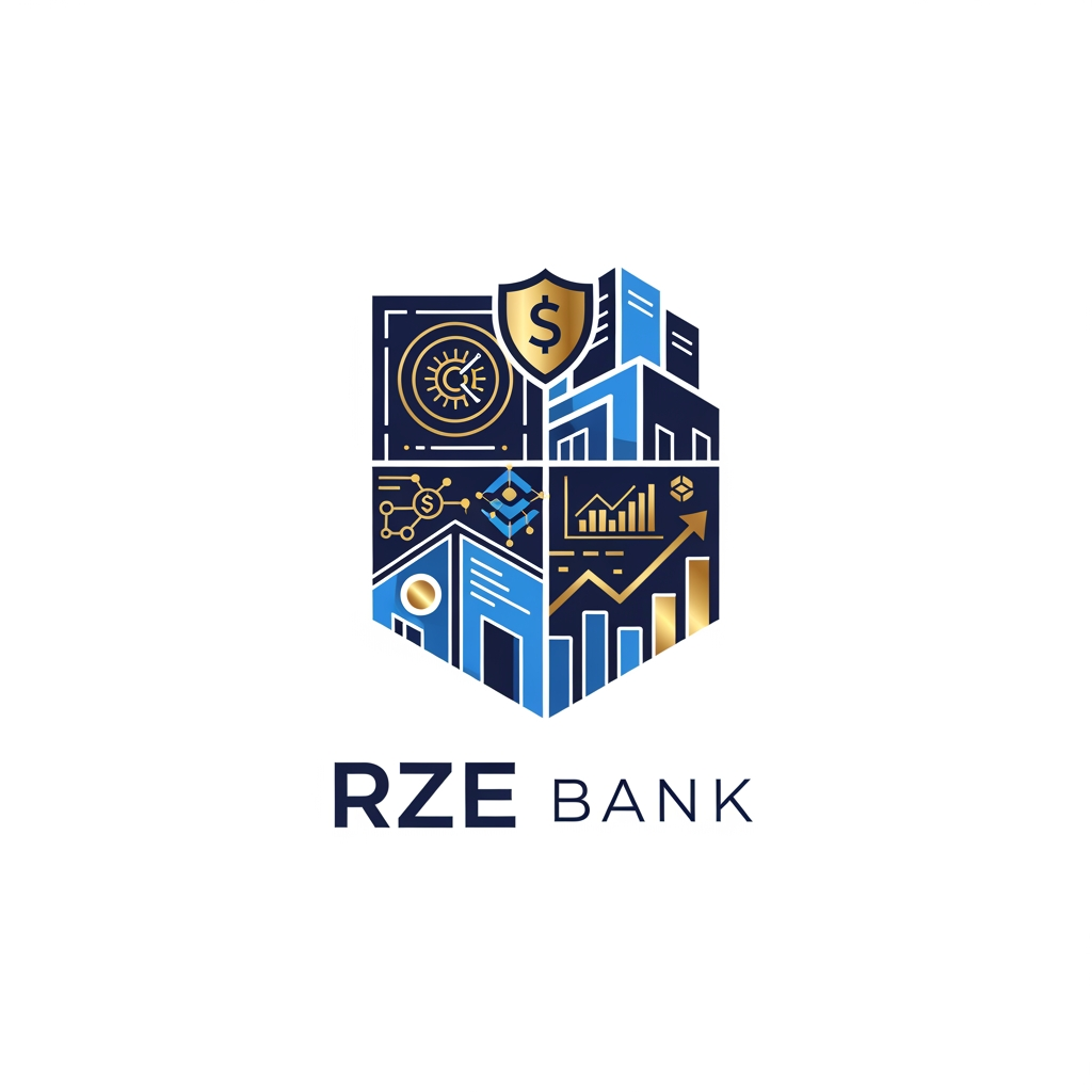 AI Design for Design an enterprise banking logo for RZE Bank.

Create a unique abstract emblem inspired by:

- Bank vault
- Secure shield
- Modern architecture
- Digital finance
- Blockchain network
- Financial growth

The logo should communicate:

Security
Trust
Professionalism
Technology
Innovation

Style:
Modern
Minimal
Vector
Corporate
Professional

Use:
Navy Blue
Royal Blue
Gold

Include the text:

RZE Bank

with premium typography.

The design should be memorable, scalable, and suitable for banking applications, websites, debit cards, ATM interfaces, and official documents.