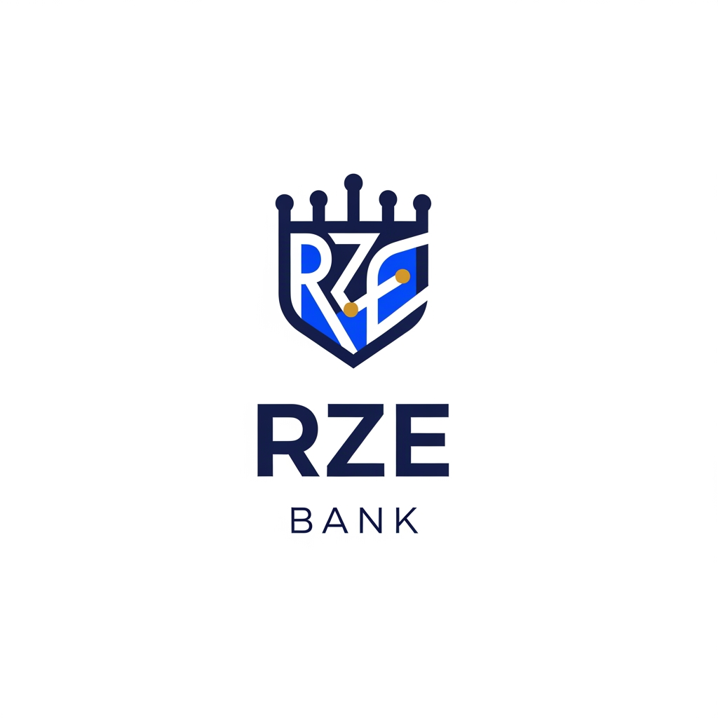 AI Design for Design a premium, modern, minimalist logo for a digital banking platform called "RZE Bank".

The logo should represent:
- Trust
- Security
- Innovation
- Financial Growth
- Stability
- Digital Banking

Style:
- Minimal
- Flat Design
- Luxury Fintech
- Corporate
- Enterprise Grade
- Timeless

Create a custom abstract icon by combining the letters "R", "Z", and "E" into a unique geometric symbol. The icon should subtly represent a secure vault, shield, bank building, upward financial growth, or connected digital network without looking generic.

Color Palette:
- Navy Blue (#0B1F4D)
- Royal Blue (#2563EB)
- Gold Accent (#F4B400)
- White

Typography:
Modern sans-serif similar to Inter, Plus Jakarta Sans, or Manrope.

The logo should work on:
- Website
- Mobile App
- Favicon
- Debit Cards
- Credit Cards
- ATM Screen
- Mobile Banking
- Business Documents

Requirements:
- Flat vector style
- No gradients
- No 3D effects
- No dollar signs
- No rupee symbols
- No stock icons
- No clipart
- Original design
- Clean spacing
- Professional proportions

The final result should look like the logo of a real international digital bank.