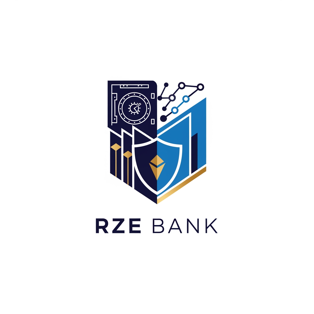 AI Design for Design an enterprise banking logo for RZE Bank.

Create a unique abstract emblem inspired by:

- Bank vault
- Secure shield
- Modern architecture
- Digital finance
- Blockchain network
- Financial growth

The logo should communicate:

Security
Trust
Professionalism
Technology
Innovation

Style:
Modern
Minimal
Vector
Corporate
Professional

Use:
Navy Blue
Royal Blue
Gold

Include the text:

RZE Bank

with premium typography.

The design should be memorable, scalable, and suitable for banking applications, websites, debit cards, ATM interfaces, and official documents.