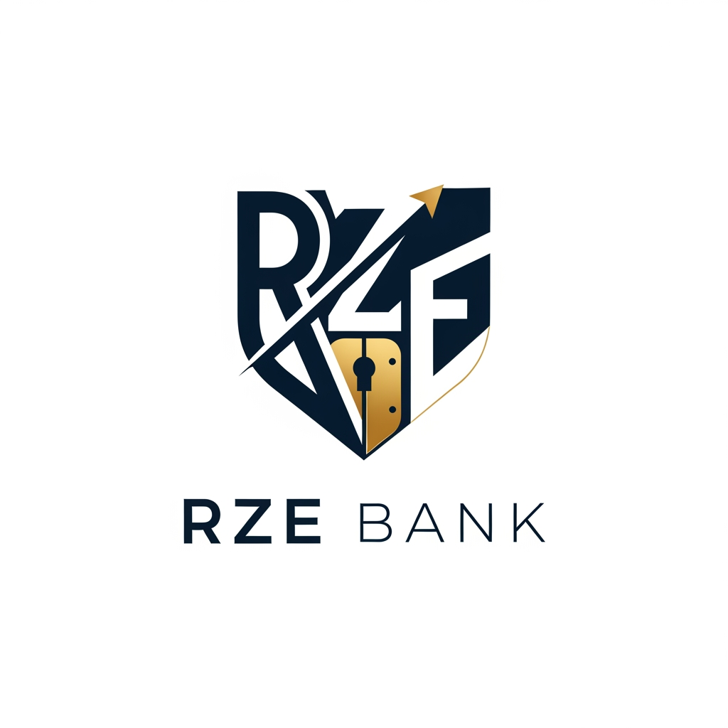 AI Design for Create a luxury fintech logo for "RZE Bank".

Design a premium monogram using the letters RZE.

The icon should resemble:
- Digital Shield
- Financial Growth
- Secure Vault
- Modern Banking
- Trust
- Innovation

Use a geometric minimalist style with balanced proportions.

Colors:
Navy Blue
Gold
White

Typography:
Elegant modern sans-serif.

The logo should feel similar in quality to brands like Stripe, Revolut, Wise, Nubank, or Monzo while remaining completely original.

Avoid gradients, coins, currencies, dollar symbols, or generic banking icons.