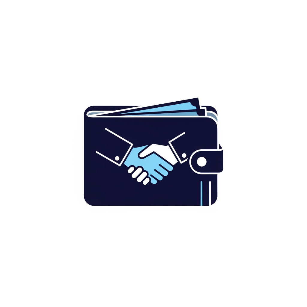AI Design for A minimalist, modern vector logo design for a financial application, featuring a sleek, geometric silhouette of a wallet integrated with a subtle, friendly handshake motif. The design utilizes a professional color palette of deep navy #0F334B, soft sky blue #A5C6E3, and muted steel blue #40627D, centered on a clean, solid white background. The aesthetic is balanced, scalable, and highly refined, emphasizing themes of financial trust, technological innovation, and approachable companionship.