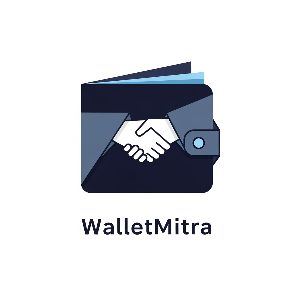 AI Design for Minimalist vector logo, an abstract wallet crafted from elegant origami-style geometric folds. The central overlap of the paper-like folds subtly forms a handshake motif. Clean, sharp lines and balanced composition. Color palette: Deep navy #0F334B for the primary structure, muted steel blue #40627D for the secondary folds, and soft sky blue #A5C6E3 for the subtle highlights. High-end fintech aesthetic, solid white background, flat vector, professional and trustworthy. with text WalletMitra
