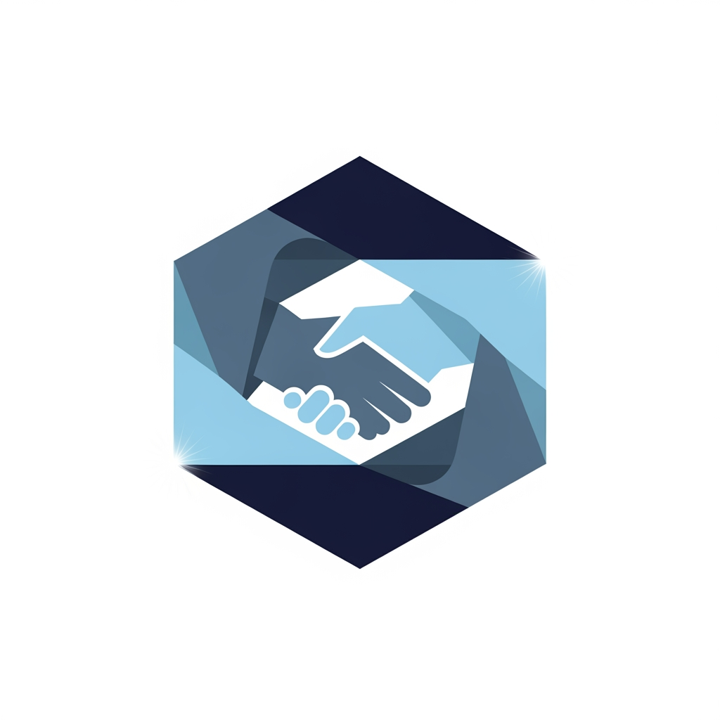 AI Design for Minimalist vector logo, a sleek hexagon shape designed with origami-style geometric folds. The folded lines within the hexagon subtly form an interlocking handshake in the negative space. Professional fintech aesthetic. Color palette: Deep navy #0F334B for the outer edges, muted steel blue #40627D for the internal folds, and soft sky blue #A5C6E3 for the light-catching crease highlights. Clean, solid white background, high-end, scalable, flat vector design.