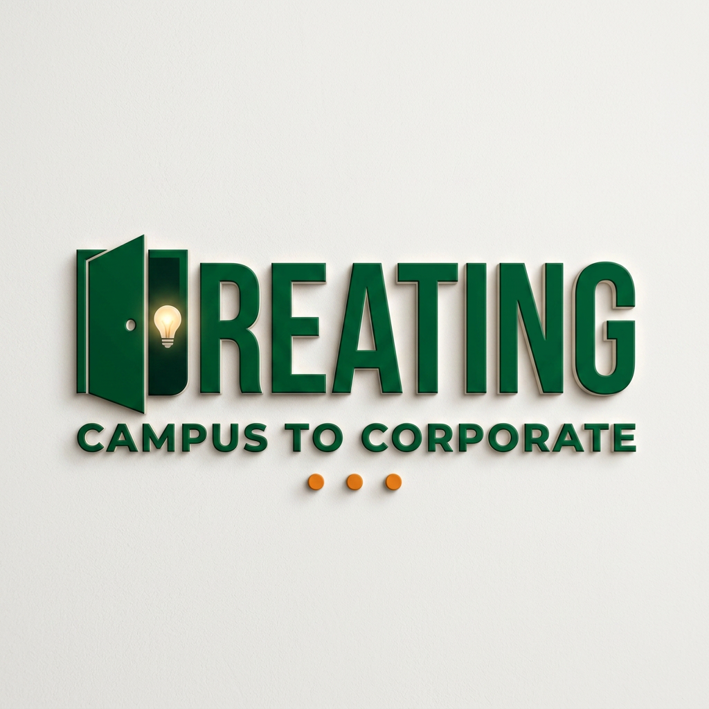 AI Design for Create a modern, professional wordmark logo with the text "CREATING" in bold, thick, uppercase sans-serif letters (rounded geometric style similar to Poppins/Montserrat Bold).

The letter "C" at the start should be styled as a stylized open door icon (door frame with a door swinging open, viewed at a slight angle) — with a small glowing lightbulb icon placed inside the open door area, and a small round doorknob dot on the door panel.

Color: solid deep forest/emerald green (#034824 approx) for all letters, with a subtle 3D extruded/beveled edge effect and soft drop shadow beneath, giving it a dimensional, wall-mounted signage look — like raised 3D letters mounted on a light gray/white wall.

Below the main wordmark, add a smaller tagline in the same green color, bold uppercase, letter-spaced: "CAMPUS TO CORPORATE"

Below the tagline, add three small dots in a row, evenly spaced, in orange color (#E67E14 approx).

Background: plain, clean, off-white/light gray textured wall background, minimal, professional, with soft ambient lighting from the top left, subtle shadow under the letters for a premium embossed/3D sign effect.

Style: corporate, education/consulting brand identity, clean, modern, minimal, high-end signage mockup style, centered composition, no extra graphics or borders. something like this