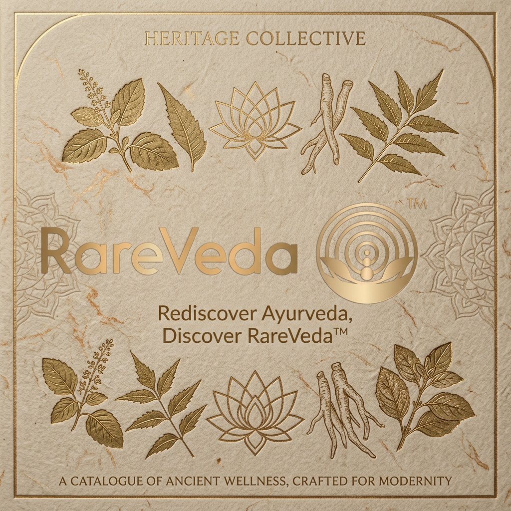 AI Design for "Keep the RareVeda logo and the two lines of text ('Rediscover Ayurveda, Discover RareVeda™') exactly as they are, positioned clearly and legibly. Do not modify, distort, or remove them.
Design a brand-new front page/cover for an Ayurvedic product catalogue/booklet from scratch. The design should be classy, premium, and elegant, reflecting the essence of Ayurveda — natural, traditional, yet modern and luxurious.
Feel free to explore and suggest elements such as: botanical illustrations (herbs, leaves, lotus, tulsi, neem), earthy and warm color palettes (gold, beige, terracotta, deep green, ivory), textured backgrounds (paper texture, watercolor wash, marble, or organic patterns), traditional Ayurvedic motifs (mandala patterns, Sanskrit-inspired borders, arch shapes), premium typography with elegant serif or classic fonts, and subtle gold foil or metallic accents for a luxury feel.
Create a completely original layout and composition — do not follow any reference design. Make it look premium, minimal, and sophisticated, suitable for a high-end Ayurvedic wellness brand's product catalogue cover."