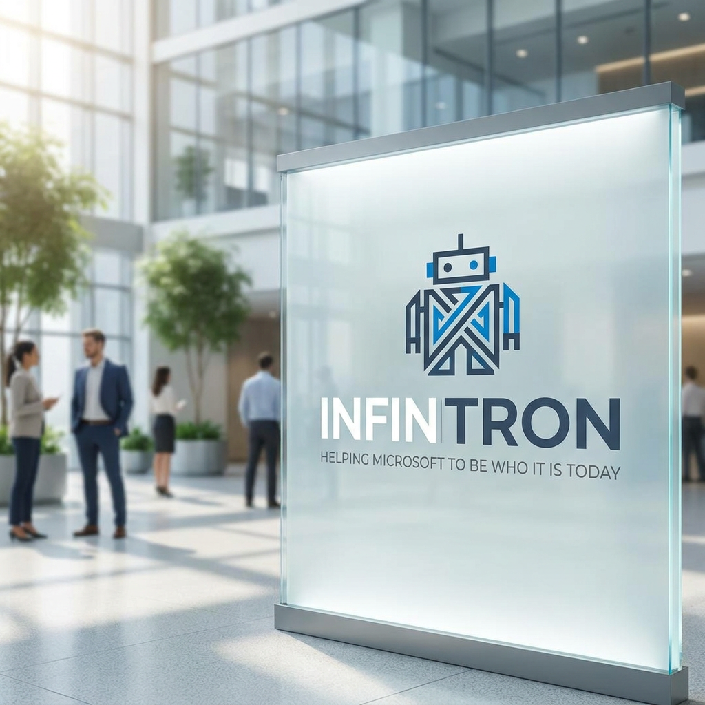 AI Design for A modern, sleek, and minimalist logo for a robotics startup named INFINITRON, inspired by the clean aesthetics of Google and Apple. The design features geometric, sans-serif typography paired with a subtle, abstract robotic icon, rendered in a sophisticated palette of deep slate, cool white, and electric blue on a neutral background. High-quality vector style with sharp edges, balanced negative space, and premium corporate branding. make it colorful werea big corporate office we are helping microsoft to be who it it atoday