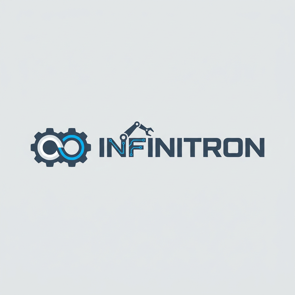 AI Design for A modern, sleek, and minimalist logo for a robotics startup named INFINITRON, inspired by the clean aesthetics of Google and Apple. The design features geometric, sans-serif typography paired with a subtle, abstract robotic icon, rendered in a sophisticated palette of deep slate, cool white, and electric blue on a neutral background. High-quality vector style with sharp edges, balanced negative space, and premium corporate branding.