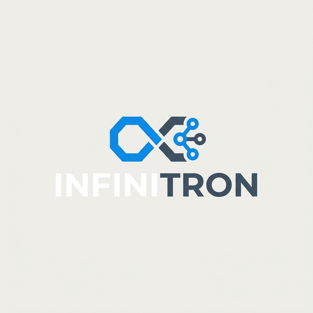 AI Design for A modern, sleek, and minimalist logo for a robotics startup named INFINITRON, inspired by the clean aesthetics of Google and Apple. The design features geometric, sans-serif typography paired with a subtle, abstract robotic icon, rendered in a sophisticated palette of deep slate, cool white, and electric blue on a neutral background. High-quality vector style with sharp edges, balanced negative space, and premium corporate branding.