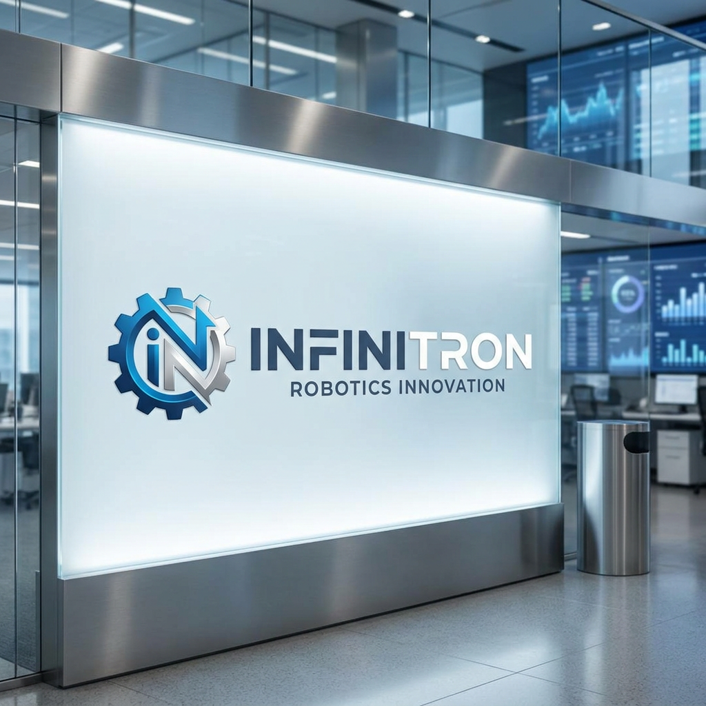AI Design for A modern, sleek, and minimalist logo for a robotics startup named INFINITRON, inspired by the clean aesthetics of Google and Apple. The design features geometric, sans-serif typography paired with a subtle, abstract robotic icon, rendered in a sophisticated palette of deep slate, cool white, and electric blue on a neutral background. High-quality vector style with sharp edges, balanced negative space, and premium corporate branding. make it colorful werea big corporate office we are helping microsoft to be who it it atoday