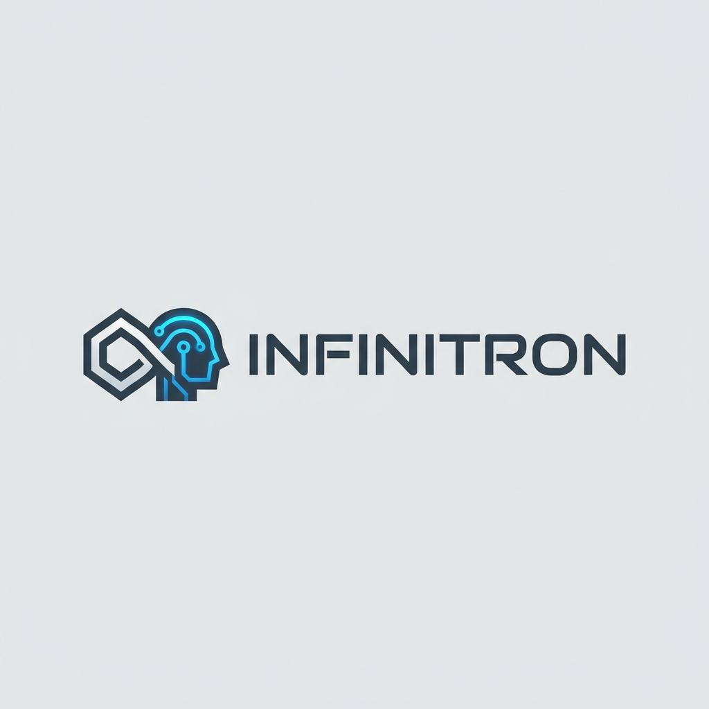 AI Design for A modern, sleek, and minimalist logo for a robotics startup named INFINITRON, inspired by the clean aesthetics of Google and Apple. The design features geometric, sans-serif typography paired with a subtle, abstract robotic icon, rendered in a sophisticated palette of deep slate, cool white, and electric blue on a neutral background. High-quality vector style with sharp edges, balanced negative space, and premium corporate branding.