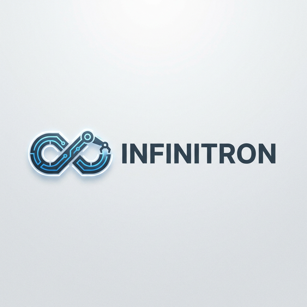 AI Design for A modern, sleek, and minimalist logo for a robotics startup named INFINITRON, inspired by the clean aesthetics of Google and Apple. The design features geometric, sans-serif typography paired with a subtle, abstract robotic icon, rendered in a sophisticated palette of deep slate, cool white, and electric blue on a neutral background. High-quality vector style with sharp edges, balanced negative space, and premium corporate branding.