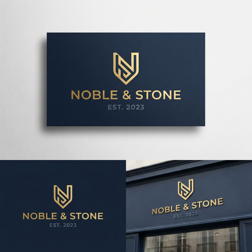 AI Design for A sophisticated and modern logo design for a men's retail clothing shop, featuring clean minimalist typography and a subtle geometric icon. The color palette uses deep navy, slate gray, and metallic gold accents, conveying a premium and timeless aesthetic suitable for high-end fashion branding.