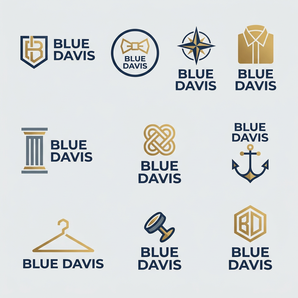 AI Design for A sophisticated and modern logo design for a men's retail clothing shop, featuring clean minimalist typography and a subtle geometric icon. The color palette uses deep navy, slate gray, and metallic gold accents, conveying a premium and timeless aesthetic suitable for high-end fashion branding. the name of shop is "Blue Devis". give me proper logo only. give me 10 options dijiye saperately