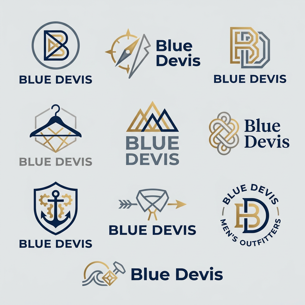 AI Design for A sophisticated and modern logo design for a men's retail clothing shop, featuring clean minimalist typography and a subtle geometric icon. The color palette uses deep navy, slate gray, and metallic gold accents, conveying a premium and timeless aesthetic suitable for high-end fashion branding. the name of shop is "Blue Devis". give me proper logo only. give me 10 options