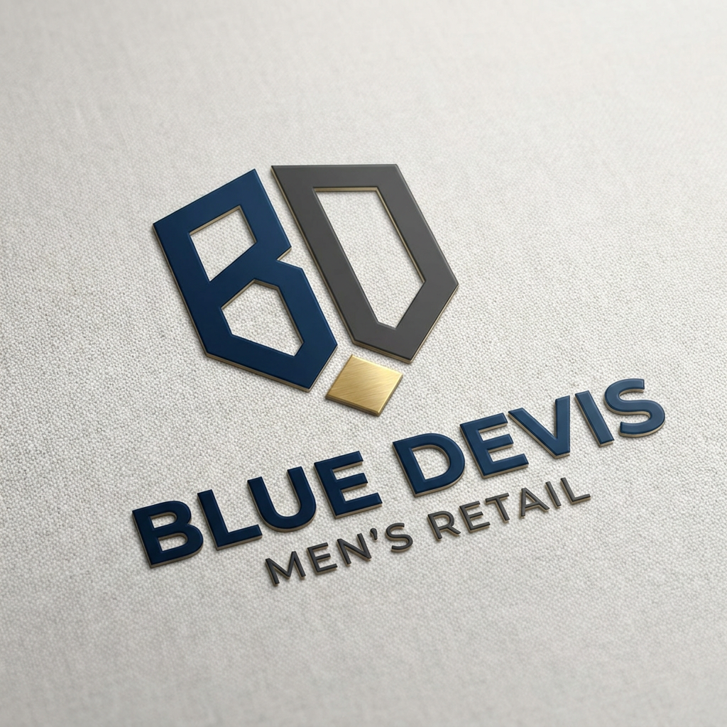 AI Design for A sophisticated and modern logo design for a men's retail clothing shop, featuring clean minimalist typography and a subtle geometric icon. The color palette uses deep navy, slate gray, and metallic gold accents, conveying a premium and timeless aesthetic suitable for high-end fashion branding. the name of shop is "Blue Devis". give me proper logo only.