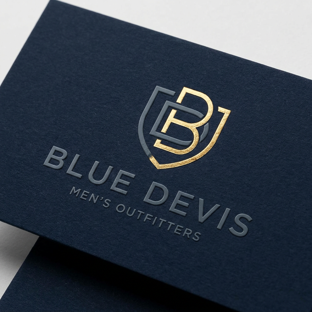 AI Design for A sophisticated and modern logo design for a men's retail clothing shop, featuring clean minimalist typography and a subtle geometric icon. The color palette uses deep navy, slate gray, and metallic gold accents, conveying a premium and timeless aesthetic suitable for high-end fashion branding. the name of shop is "Blue Devis"