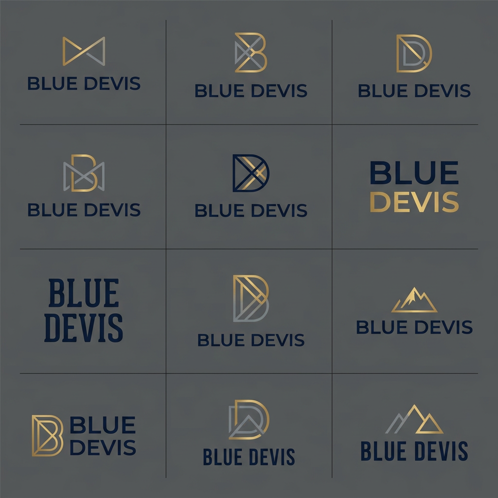 AI Design for A sophisticated and modern logo design for a men's retail clothing shop, featuring clean minimalist typography and a subtle geometric icon. The color palette uses deep navy, slate gray, and metallic gold accents, conveying a premium and timeless aesthetic suitable for high-end fashion branding. the name of shop is "Blue Devis". give me proper logo only. give me 10 options