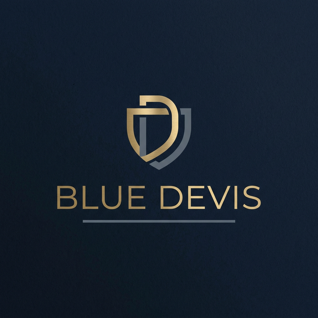 AI Design for A sophisticated and modern logo design for a men's retail clothing shop, featuring clean minimalist typography and a subtle geometric icon. The color palette uses deep navy, slate gray, and metallic gold accents, conveying a premium and timeless aesthetic suitable for high-end fashion branding. the name of shop is "Blue Devis". give me proper logo only.