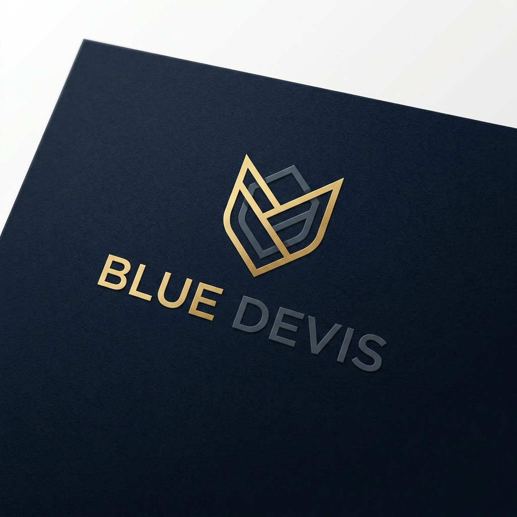 AI Design for A sophisticated and modern logo design for a men's retail clothing shop, featuring clean minimalist typography and a subtle geometric icon. The color palette uses deep navy, slate gray, and metallic gold accents, conveying a premium and timeless aesthetic suitable for high-end fashion branding. the name of shop is "Blue Devis"