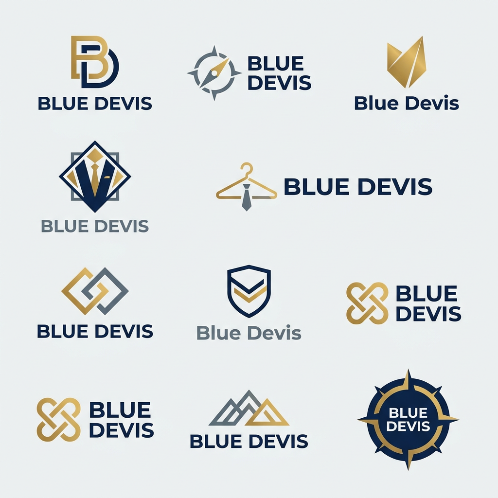 AI Design for A sophisticated and modern logo design for a men's retail clothing shop, featuring clean minimalist typography and a subtle geometric icon. The color palette uses deep navy, slate gray, and metallic gold accents, conveying a premium and timeless aesthetic suitable for high-end fashion branding. the name of shop is "Blue Devis". give me proper logo only. give me 10 options dijiye saperately