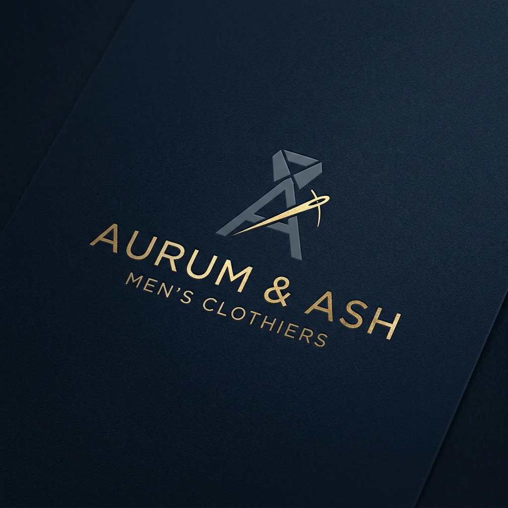 AI Design for A sophisticated and modern logo design for a men's retail clothing shop, featuring clean minimalist typography and a subtle geometric icon. The color palette uses deep navy, slate gray, and metallic gold accents, conveying a premium and timeless aesthetic suitable for high-end fashion branding.