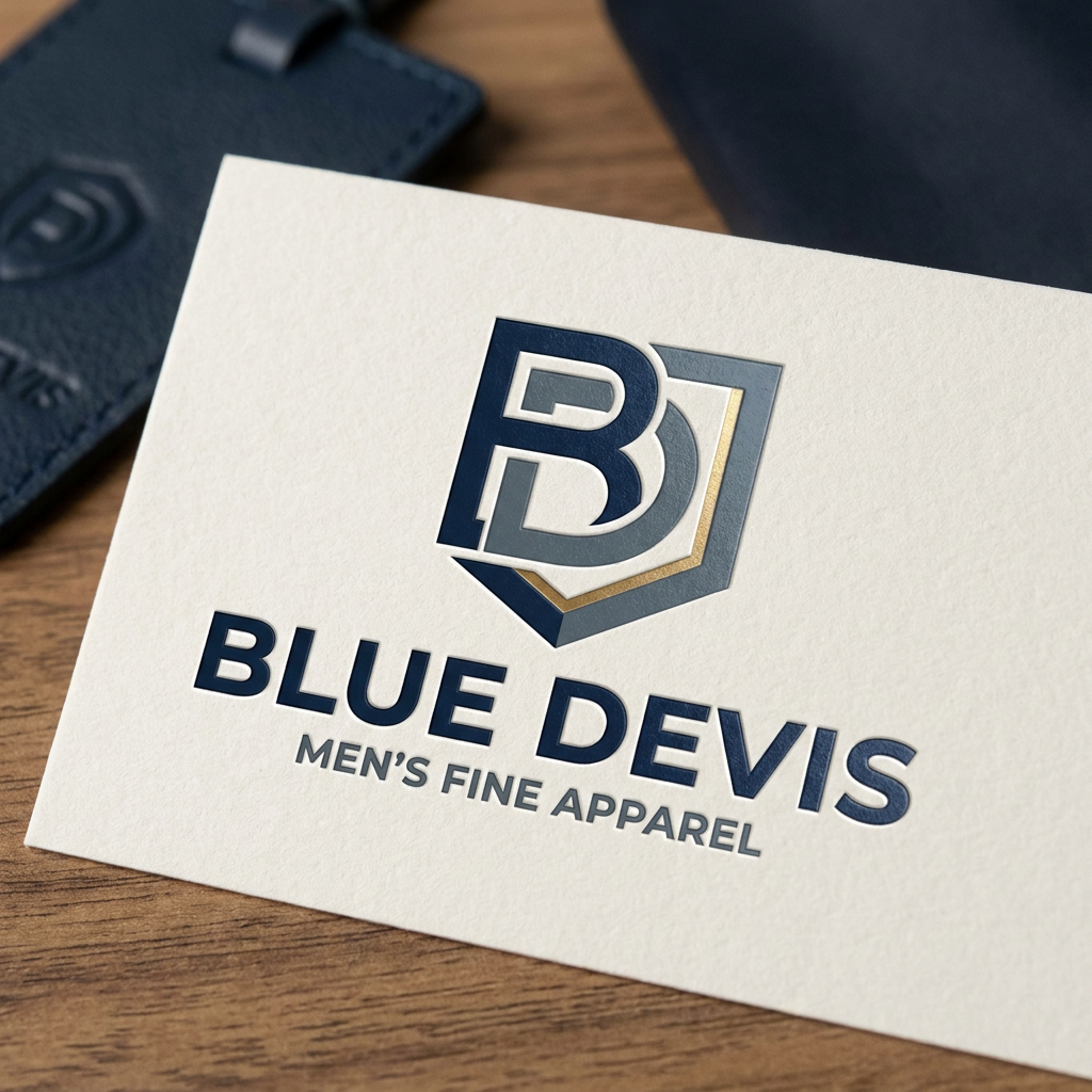 AI Design for A sophisticated and modern logo design for a men's retail clothing shop, featuring clean minimalist typography and a subtle geometric icon. The color palette uses deep navy, slate gray, and metallic gold accents, conveying a premium and timeless aesthetic suitable for high-end fashion branding. the name of shop is "Blue Devis"