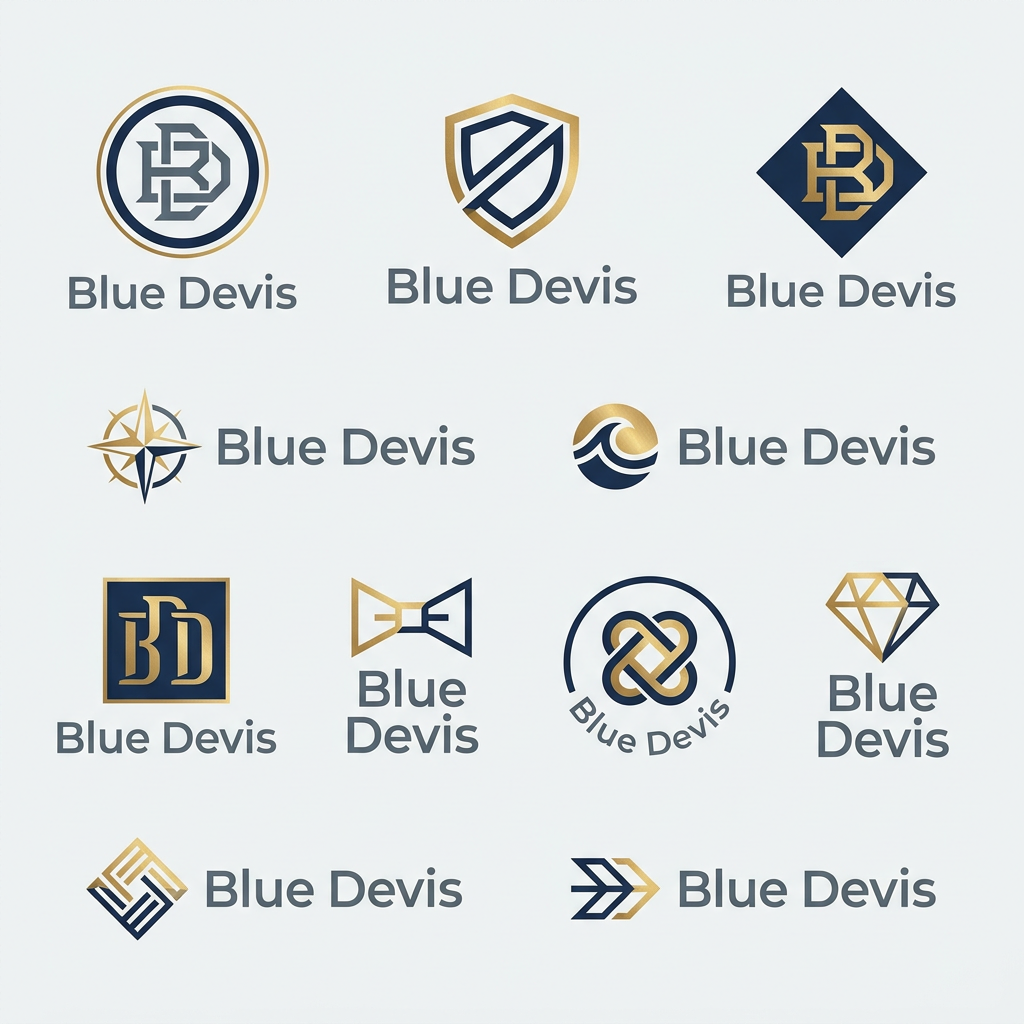 AI Design for A sophisticated and modern logo design for a men's retail clothing shop, featuring clean minimalist typography and a subtle geometric icon. The color palette uses deep navy, slate gray, and metallic gold accents, conveying a premium and timeless aesthetic suitable for high-end fashion branding. the name of shop is "Blue Devis". give me proper logo only. give me 10 options