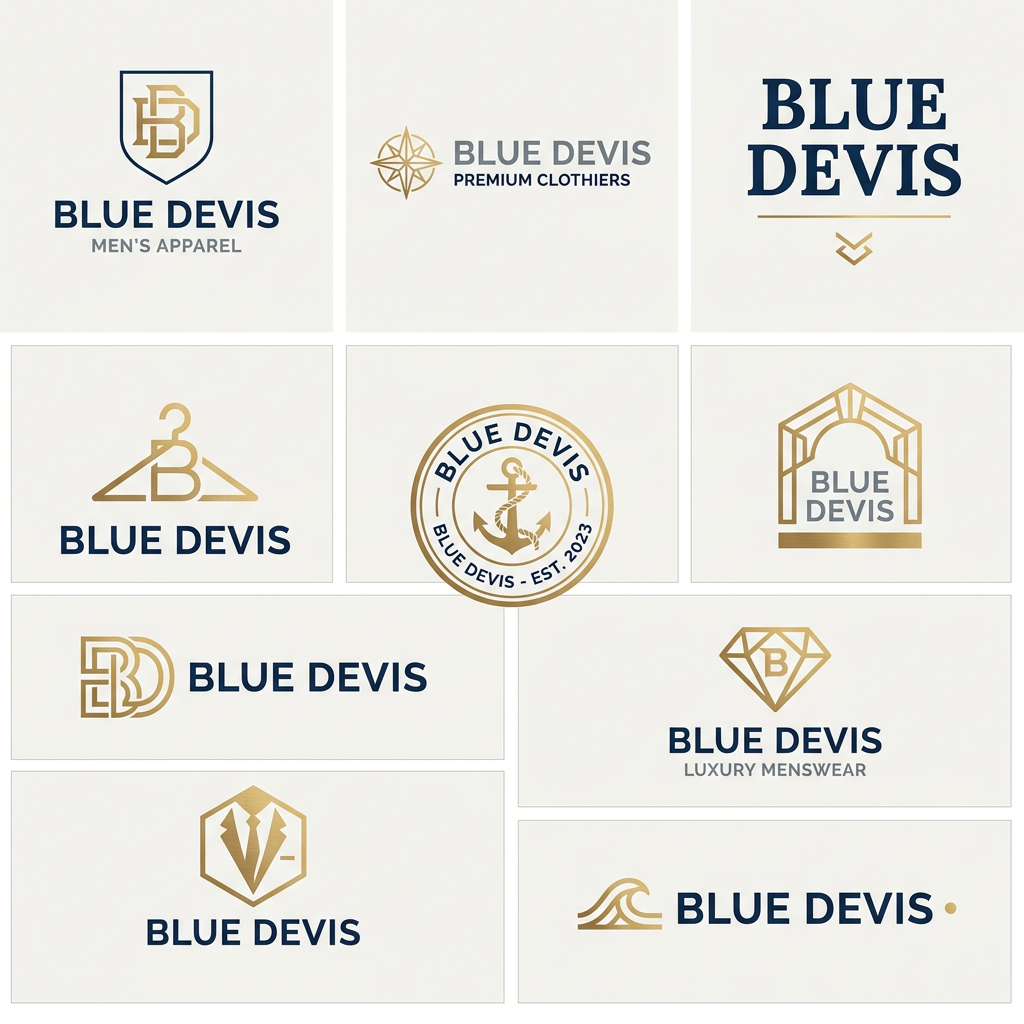 AI Design for A sophisticated and modern logo design for a men's retail clothing shop, featuring clean minimalist typography and a subtle geometric icon. The color palette uses deep navy, slate gray, and metallic gold accents, conveying a premium and timeless aesthetic suitable for high-end fashion branding. the name of shop is "Blue Devis". give me proper logo only. give me 10 options dijiye saperately