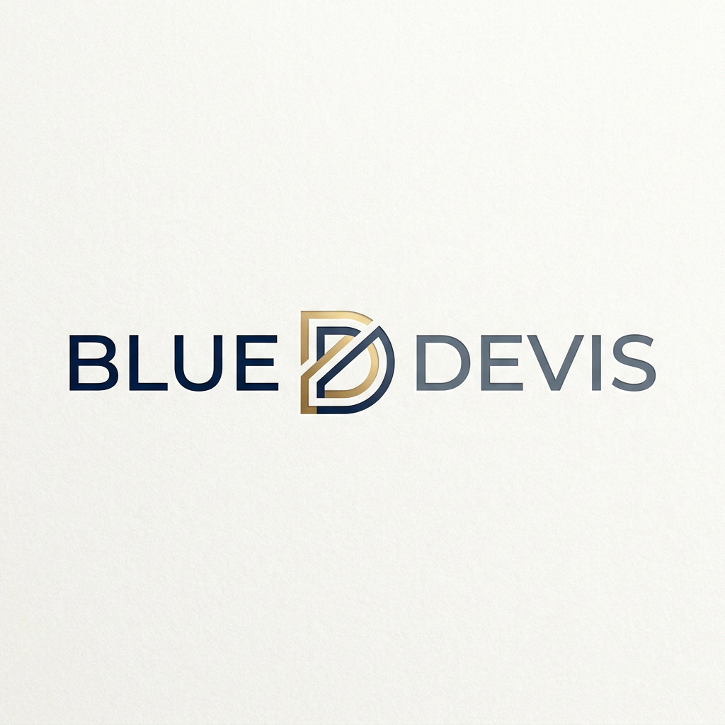 AI Design for A sophisticated and modern logo design for a men's retail clothing shop, featuring clean minimalist typography and a subtle geometric icon. The color palette uses deep navy, slate gray, and metallic gold accents, conveying a premium and timeless aesthetic suitable for high-end fashion branding. the name of shop is "Blue Devis". give me proper logo only.