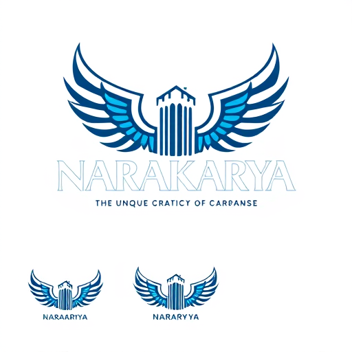 AI Design for CREATE A LOGO WITH THE COMPANY NAME "NARAKARYA" WITH AN ARCHITECTURAL DESIGN THEME BUT HAS A UNIQUE CHARACTERISTIC, THE NAME "NARAKARYA" IS GIVEN CREATIVE ACCENTS IN BLUE AND WHITE, THE WRITING OF "NARAKARYA" IS GIVEN PHOENIX WINGS