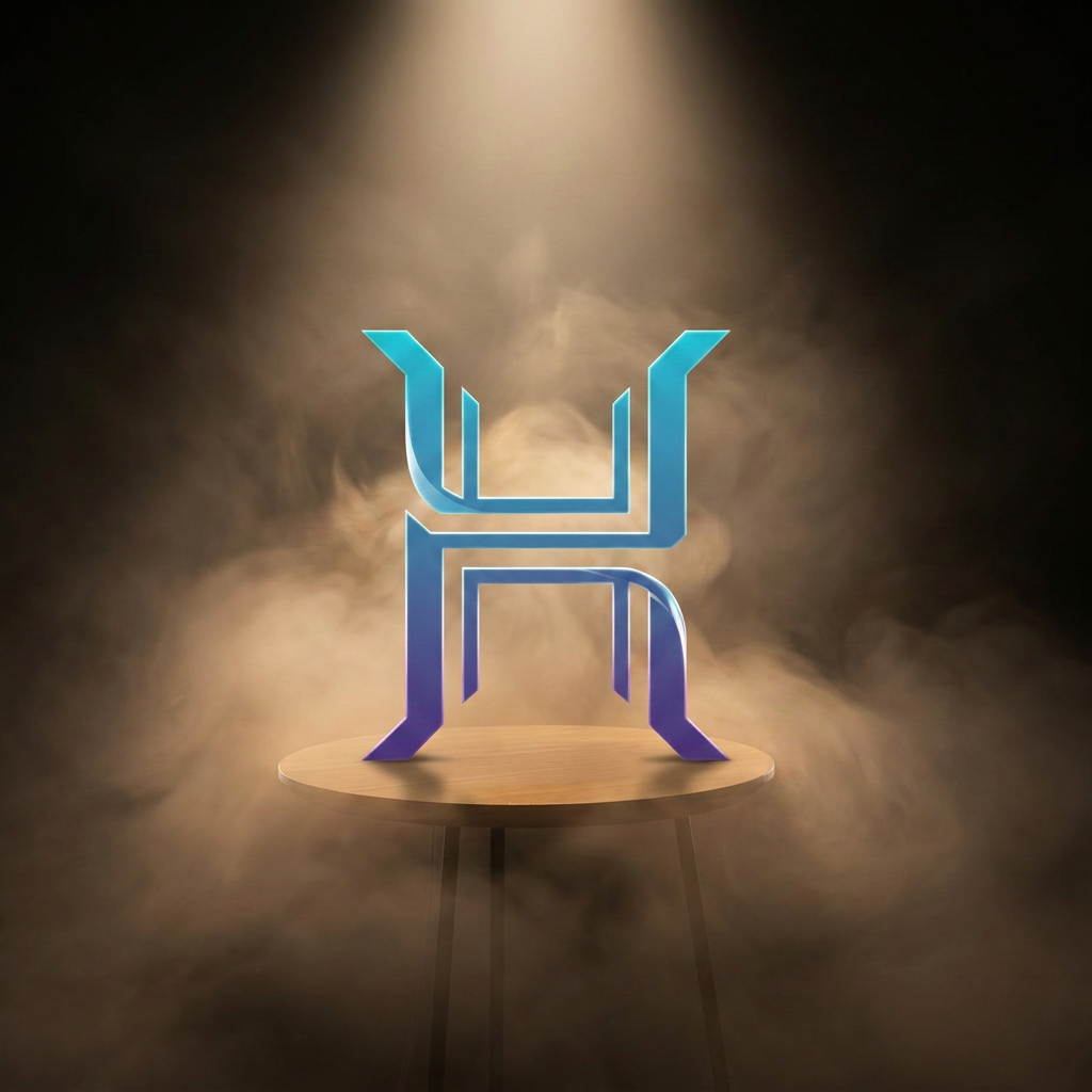AI Design for Create a completely original monogram logo using the letters [H]. Design a clean geometric structure with balanced negative space, sharp edges, and perfect symmetry. Flat vector style only. With gradients, no shadows, Premium branding quality. Unique and non-copyright.

Apply the following visual style: A cinematic hero product photograph of {{product}}, emerging from soft glowing fog with a focused top spotlight and strong rim lighting, dramatic premium advertising photography style, ultra‑high‑resolution detail.

The last reference image is a design/composition template: match its layout, framing, and overall visual style while following the user's prompt for subject matter where indicated.