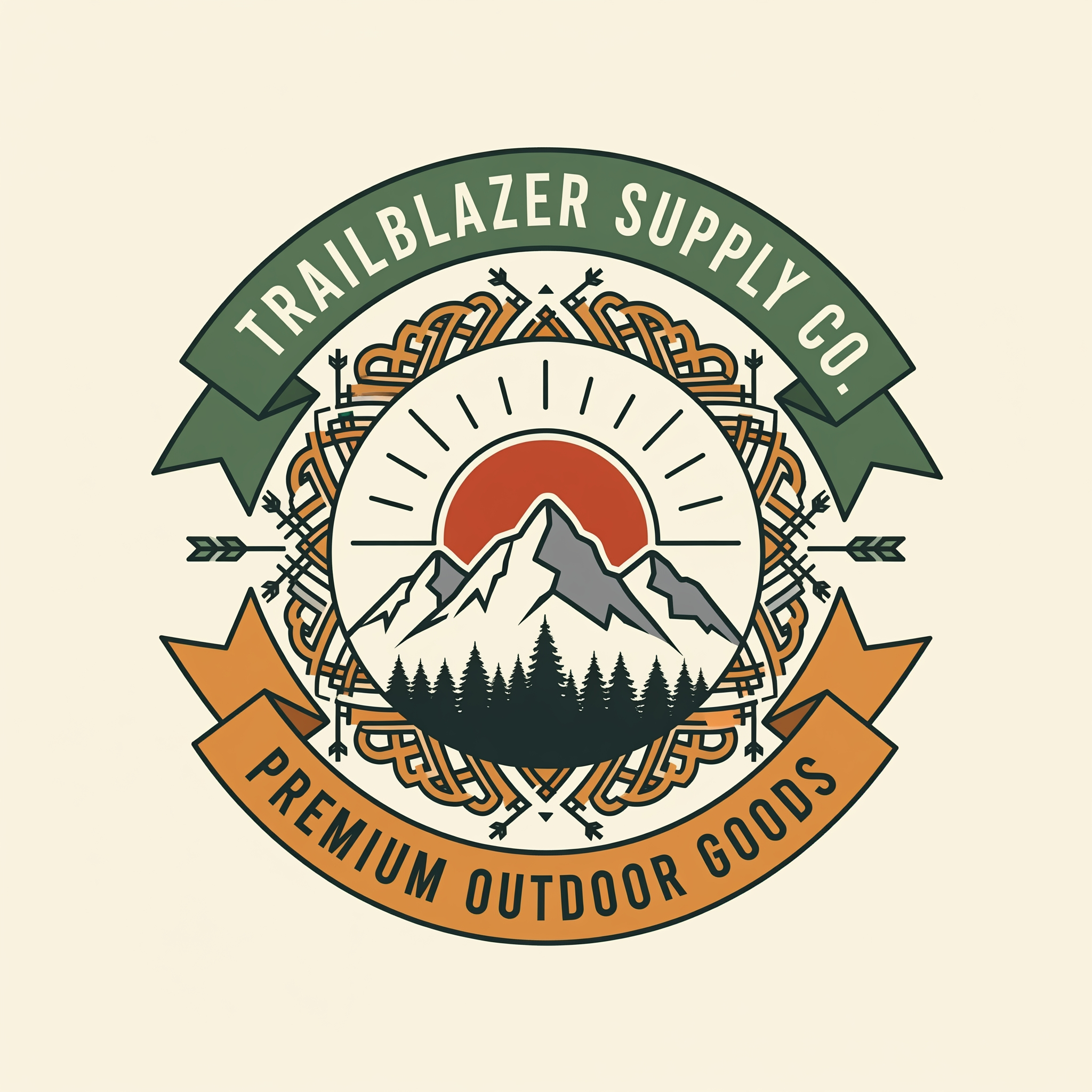 AI Design for Create a vintage badge logo for a premium outdoor brand. Use mountains, trees, and custom decorative borders in a modern simplified style. Flat vector. No distressed textures. Original artwork only.