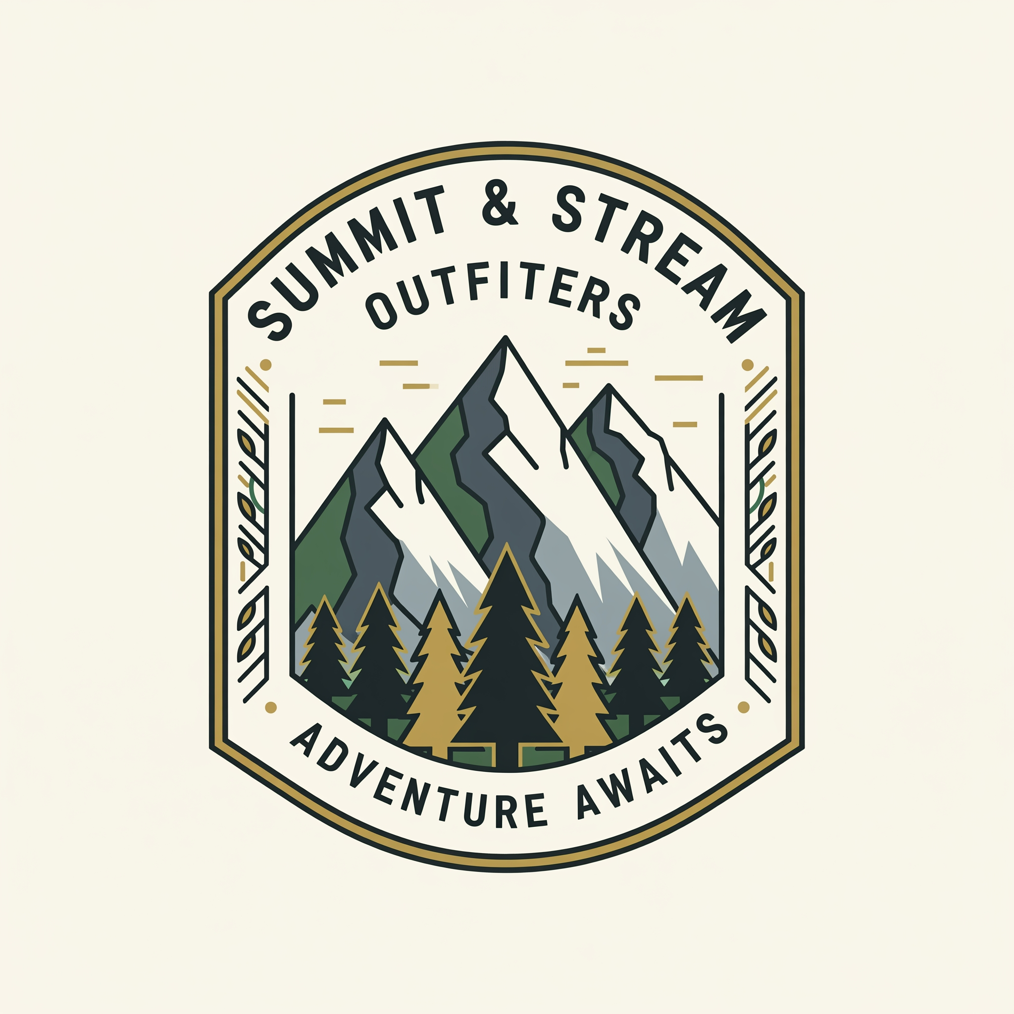 AI Design for Create a vintage badge logo for a premium outdoor brand. Use mountains, trees, and custom decorative borders in a modern simplified style. Flat vector. No distressed textures. Original artwork only.