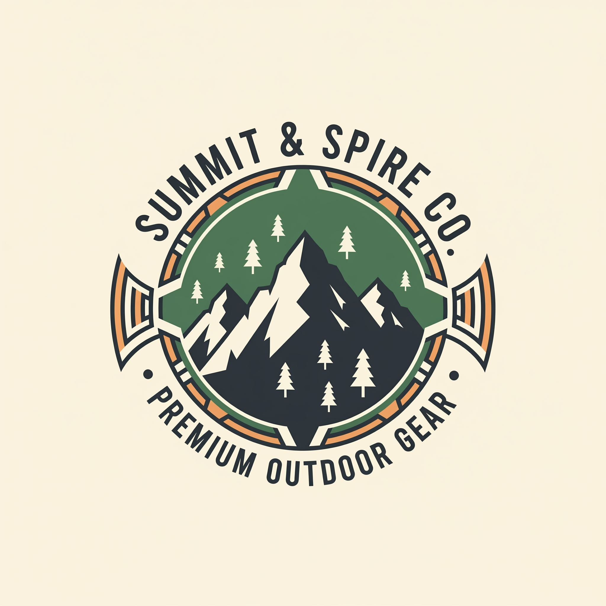 AI Design for Create a vintage badge logo for a premium outdoor brand. Use mountains, trees, and custom decorative borders in a modern simplified style. Flat vector. No distressed textures. Original artwork only.