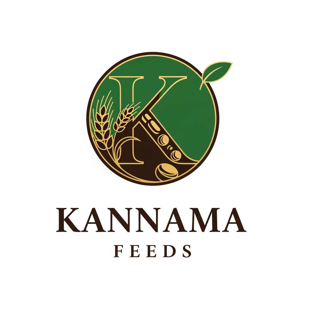 AI Design for Design a premium logo for Kannama Feeds featuring a stylized "K" inside a circular emblem. Integrate wheat ears, a leaf, and subtle feed pellet shapes into the K. Position the emblem at the top with "KANNAMA FEEDS" centered underneath in elegant bold lettering. Colors: forest green, dark brown, and gold. Modern vector style, clean lines, minimal, corporate identity, white background, SVG-style logo.