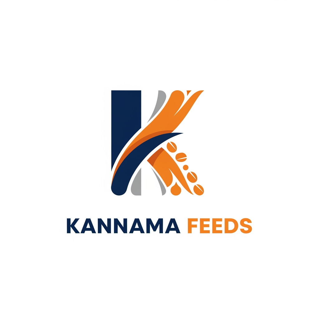 AI Design for Create a premium vector logo for "Kannama Feeds". Design a bold, modern "K" symbol made from abstract feed mash and feed pellet shapes flowing naturally into the letter. The icon should look clean, strong, and memorable without using leaves, wheat, or agricultural elements. Place the "K" symbol above the company name "KANNAMA FEEDS" in bold uppercase sans-serif typography. Use dark blue and orange with subtle gray accents to represent trust and nutrition. Flat vector design, minimal, white background, no gradients, no shadows, scalable SVG style.