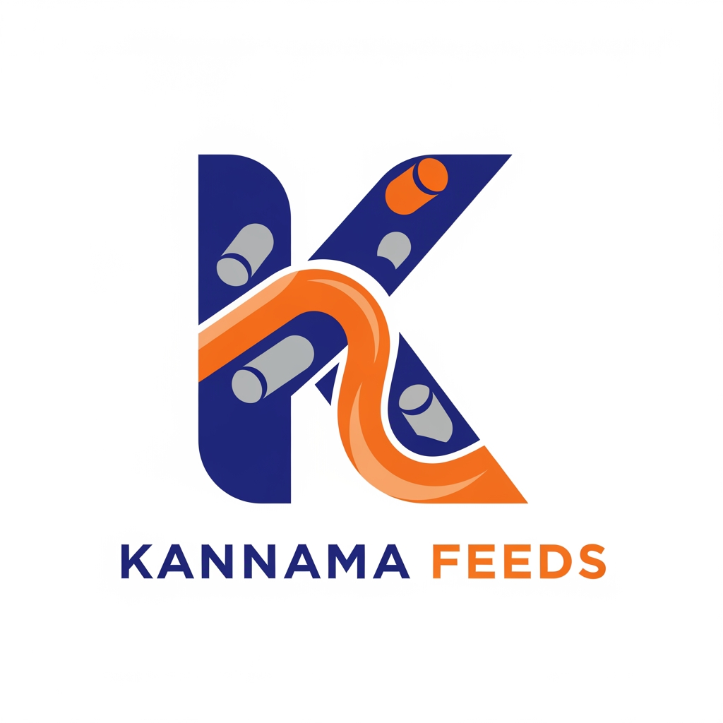 AI Design for Create a premium vector logo for "Kannama Feeds". Design a bold, modern "K" symbol made from abstract feed mash and feed pellet shapes flowing naturally into the letter. The icon should look clean, strong, and memorable without using leaves, wheat, or agricultural elements. Place the "K" symbol above the company name "KANNAMA FEEDS" in bold uppercase sans-serif typography. Use dark blue and orange with subtle gray accents to represent trust and nutrition. Flat vector design, minimal, white background, no gradients, no shadows, scalable SVG style.
