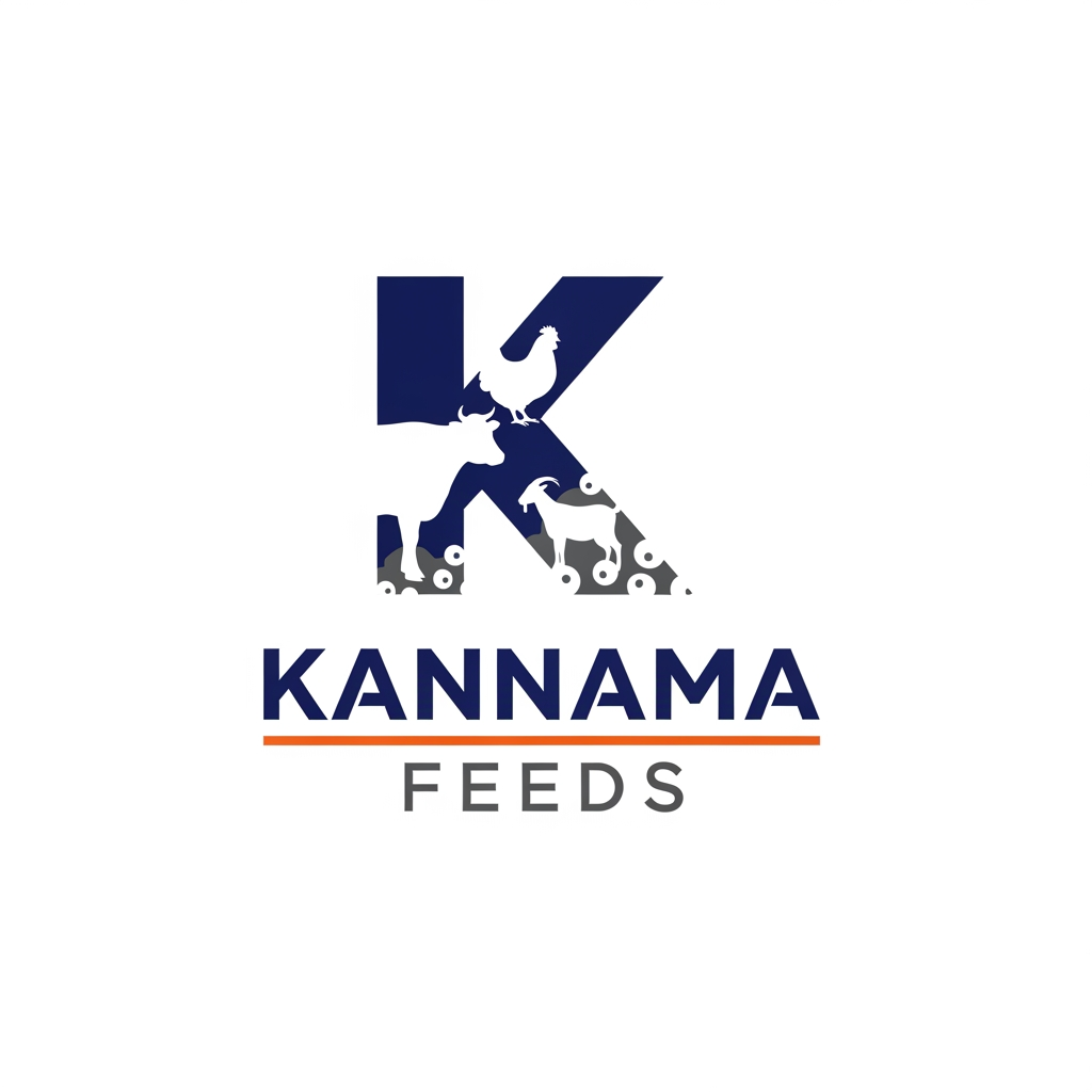 AI Design for Design a modern logo for "Kannama Feeds", an animal feed manufacturing company. Create a unique geometric "K" symbol that subtly incorporates feed mash particles and abstract silhouettes of a cow, poultry, and goat within the letter using negative space. The icon should remain simple and premium. Position the "K" above "KANNAMA FEEDS" in bold modern typography. Use navy blue, orange, and charcoal gray. Flat vector logo, corporate branding, clean lines, white background, no gradients.