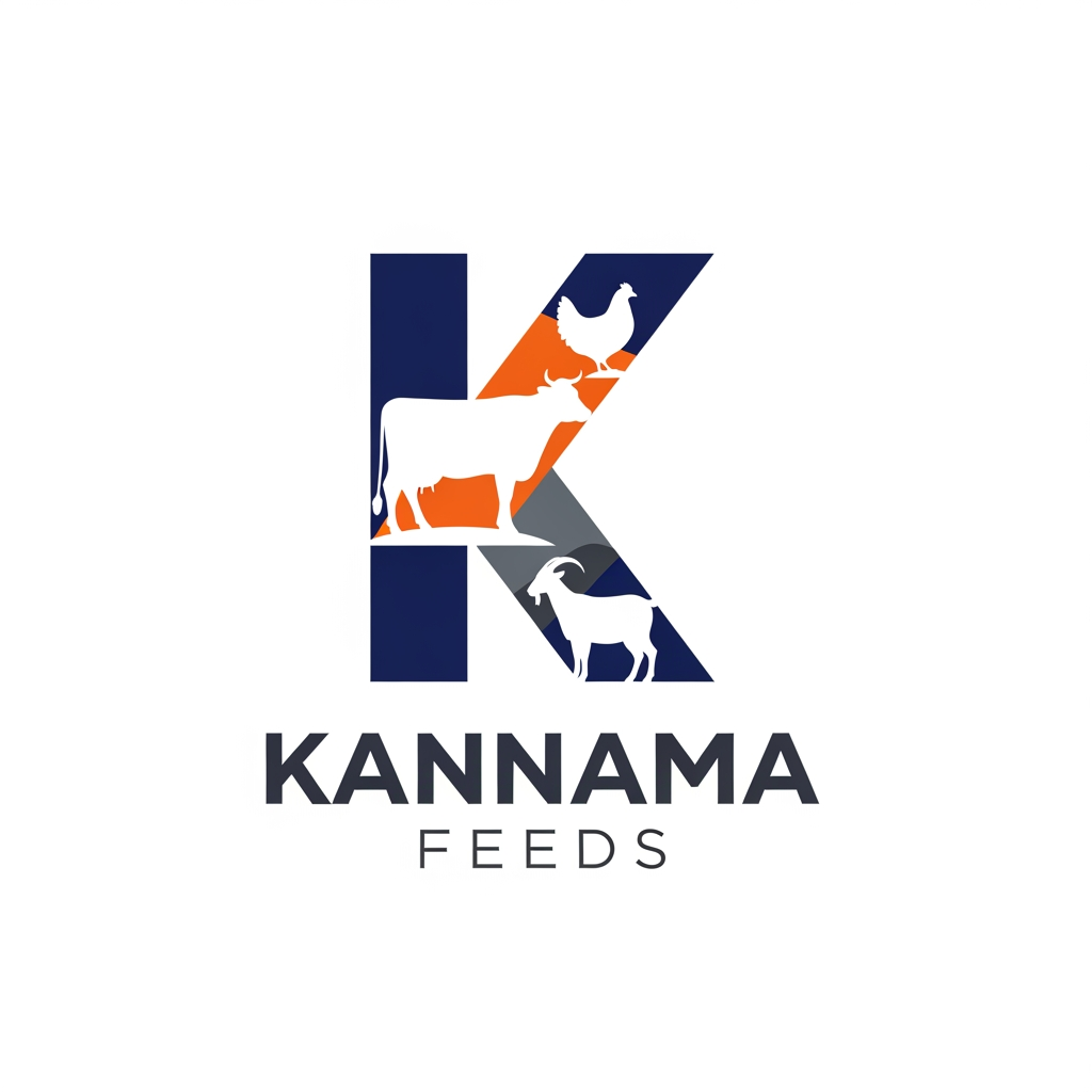 AI Design for Design a modern logo for "Kannama Feeds", an animal feed manufacturing company. Create a unique geometric "K" symbol that subtly incorporates feed mash particles and abstract silhouettes of a cow, poultry, and goat within the letter using negative space. The icon should remain simple and premium. Position the "K" above "KANNAMA FEEDS" in bold modern typography. Use navy blue, orange, and charcoal gray. Flat vector logo, corporate branding, clean lines, white background, no gradients.