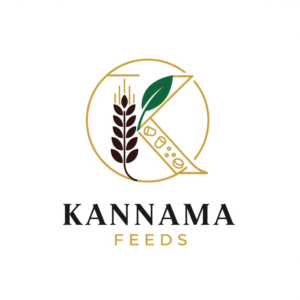 AI Design for Design a premium logo for Kannama Feeds featuring a stylized "K" inside a circular emblem. Integrate wheat ears, a leaf, and subtle feed pellet shapes into the K. Position the emblem at the top with "KANNAMA FEEDS" centered underneath in elegant bold lettering. Colors: forest green, dark brown, and gold. Modern vector style, clean lines, minimal, corporate identity, white background, SVG-style logo.