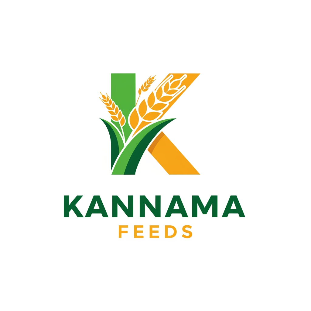 AI Design for Create a clean, modern vector logo for Kannama Feeds. Design a bold, geometric "K" symbol inspired by grain stalks, leaves, and livestock nutrition. The K should be the main icon centered at the top. Place "KANNAMA FEEDS" below in bold uppercase sans-serif typography. Use a green and golden yellow color palette representing agriculture and quality feed. Flat design, minimal, premium branding, white background, scalable vector, no gradients, no mockup.